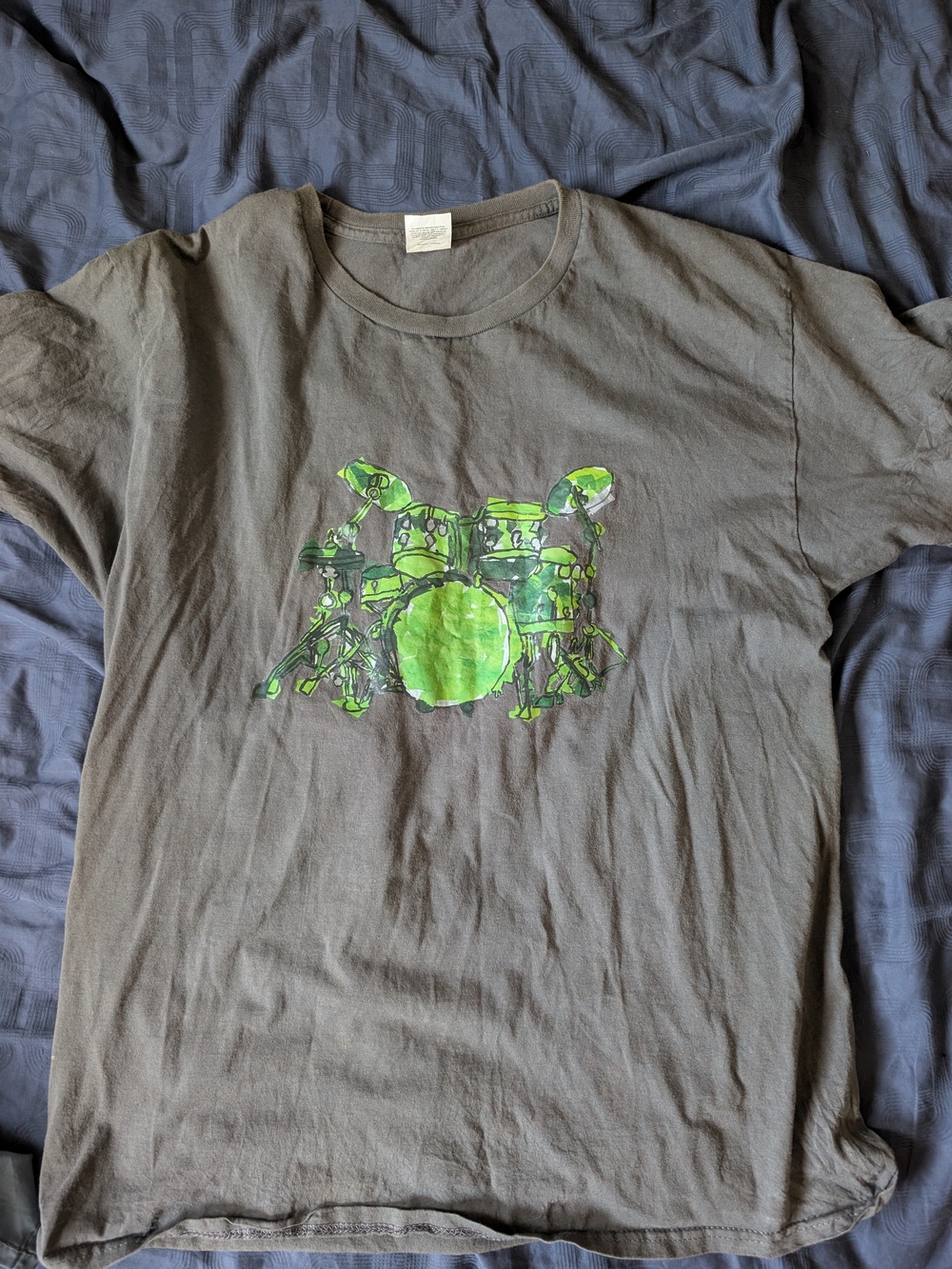 Gray Tee with Neon Green Drum Kit Graphic